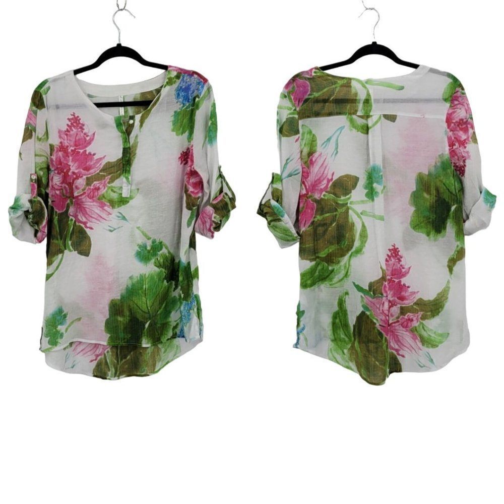 Vintage Tropical Gauze Beach Coverup Top Blouse XL White Floral Tab Sleeve Aloha